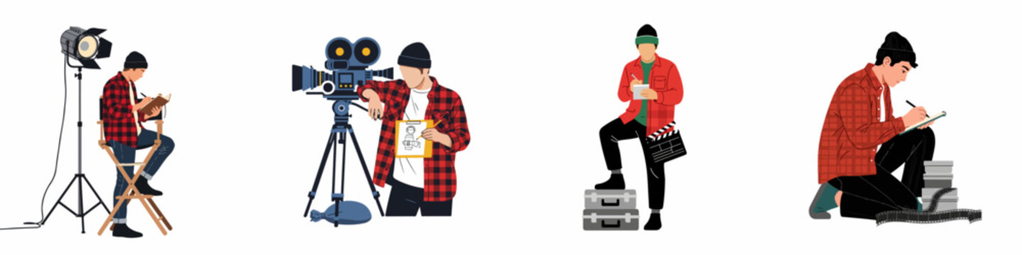 Set of flat vector illustrations depicting a professional filmmaker working with professional movie production equipment on a white background.