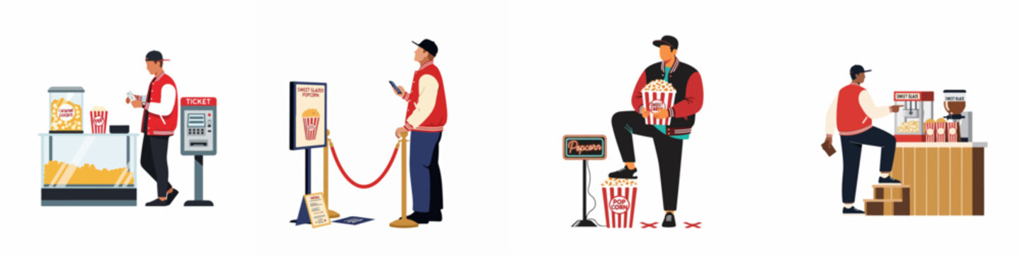 Illustration set of a young man buying popcorn and tickets at a cinema concession stand, featuring various poses and scenes.