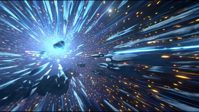 Futuristic spaceship flying through a glowing blue hyperspace tunnel