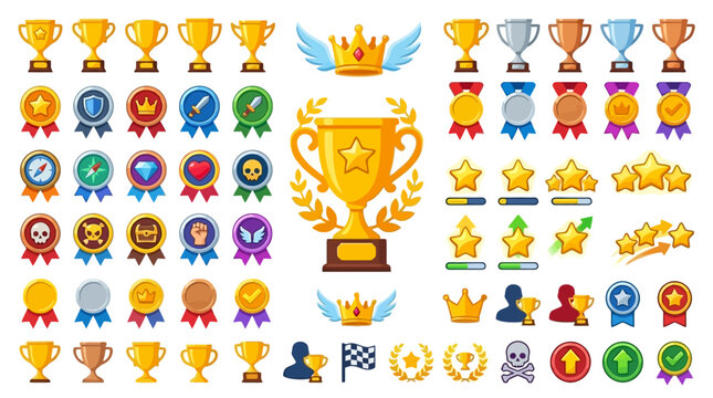 Game achievement trophy icon collection with gold cup, crowns, medals, badges, stars, rank bars and reward symbols on white background