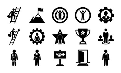 Obraz premium Business Success Icons: Achievement, Goals, Teamwork, Leadership, Career Growth Vector Set
