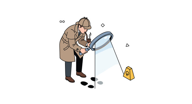 Classic detective wearing a trench coat and deerstalker hat using a large magnifying glass to inspect footprints at a mysterious crime scene.