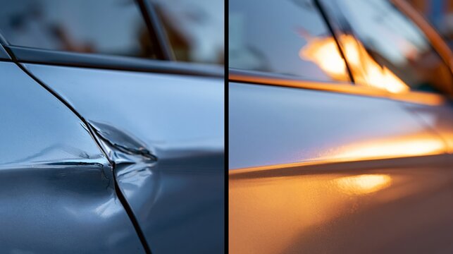 A car dent repair before and after split showing a large crumpled dent with chipped paint on the left and a smooth perfectly repaired painted panel on the right.