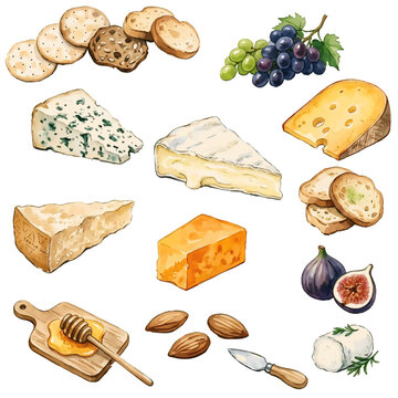 Assorted cheese and bread collection with baked sweets and snacks isolated on white background