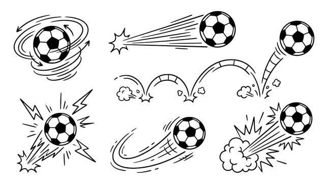 Soccer ball motion effect set with speed lines, bounce trails, impact bursts and dynamic football action doodles on white background