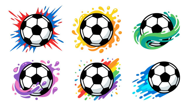Soccer ball paint splash icon set with colorful brush stroke effects, dynamic football sport graphics isolated on white background