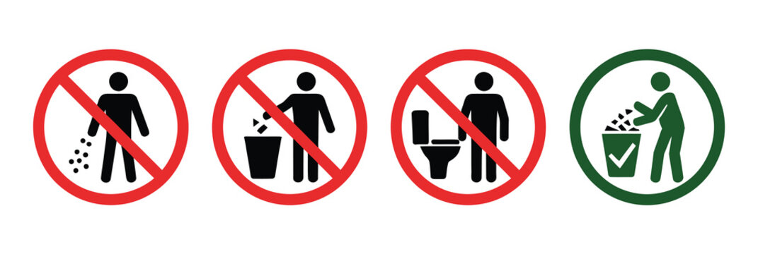 Public hygiene vector sign set for proper trash disposal, waste sorting, and environmental cleanliness awareness.