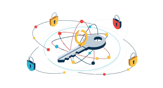 Cyber security concept features a central master key protected by multiple digital locks and encrypted data connections.