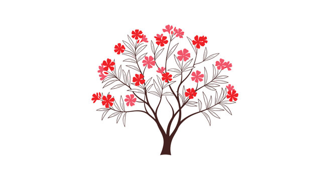 Oleander shrub with slender green leaves and a mix of pink and red flowers in a professional vector illustration design.