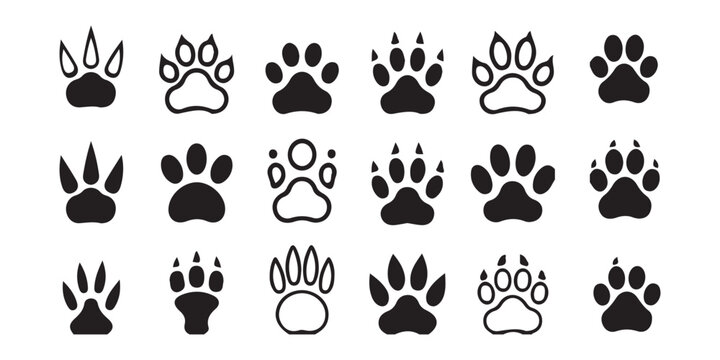 Wildlife animal footprint collection featuring various predator tracks and claw marks silhouettes.