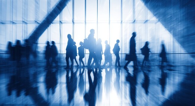 Crowd of people walking as blurred motion silhouettes in a modern blue-toned interior with bright light and reflections silhouettes building interior reflection abstract business