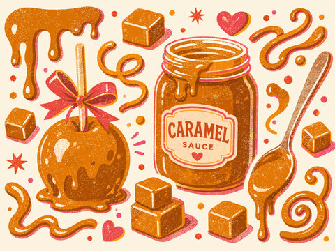 Sweet caramel sauce jar and candy apple with festive bow and cubes