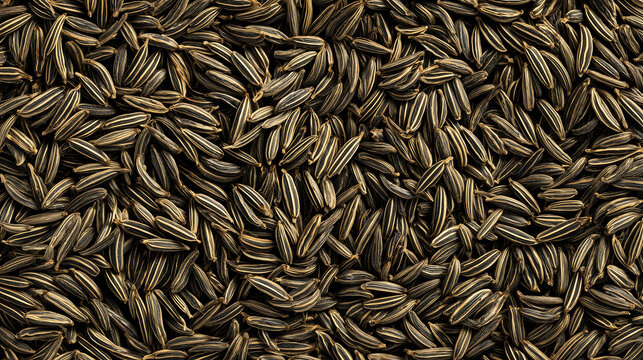 Full frame macro of whole loose cumin seeds piled in a ridged spice surface