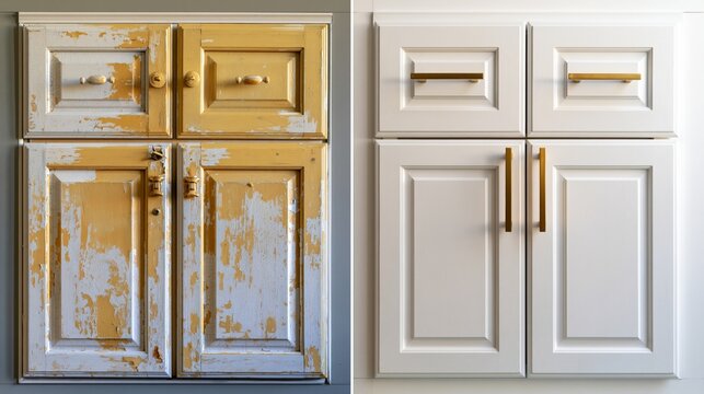 A kitchen cabinet repaint before and after split showing yellowed peeling worn cabinets on the left and freshly painted white cabinets with new hardware on the right.