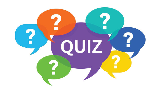 Colorful speech bubbles with question marks surrounding a large purple quiz text graphic design illustration