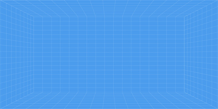 3d wireframe grid room. 3d perspective laser grid 16 9.. Cyberspace blue background with white mesh. Futuristic digital hallway space in virtual reality. Vector illustration.