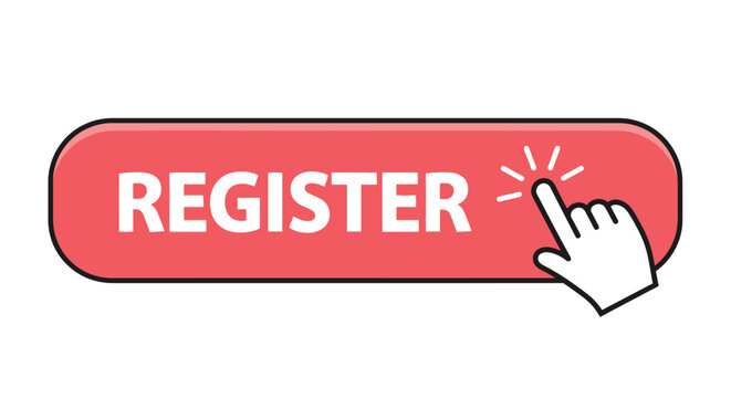 Hand cursor clicking on a bright red button with the word register in this digital image