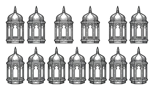 Collection of ornate islamic lanterns in a repeating pattern