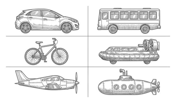 Hand-drawn collection of diverse transportation vehicles