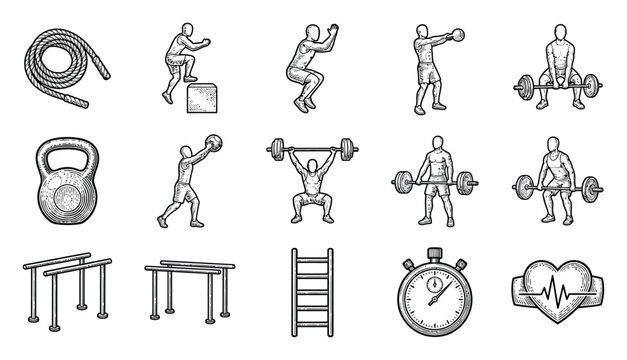 Hand-drawn of fitness equipment and exercises