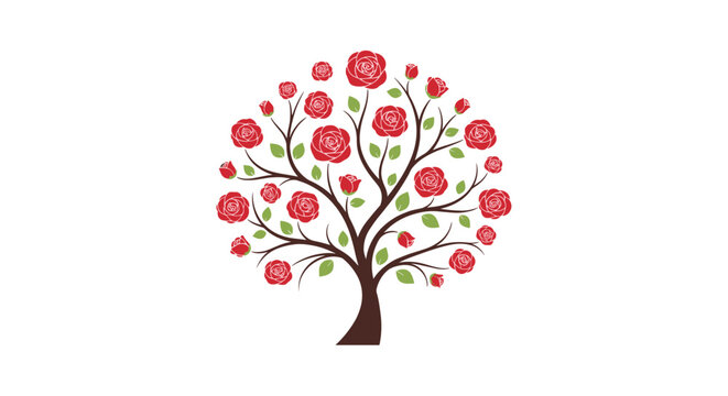 Symmetrical round tree design composed of vibrant red rose blossoms and small green leaves on a clean white background.