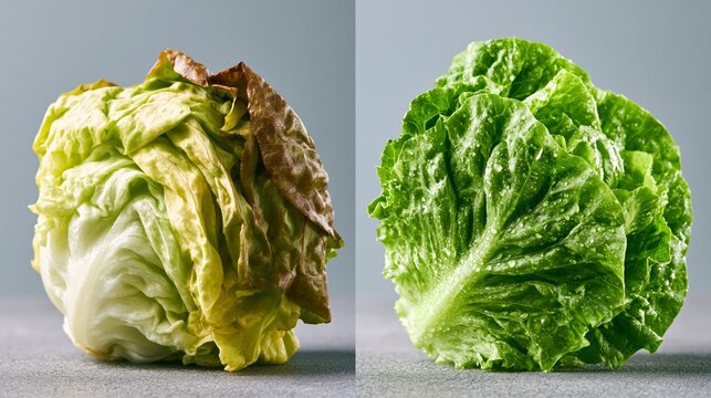 A produce freshness before and after split showing a wilted browned drooping lettuce on the left and a crisp vibrant bright green fresh lettuce on the right.