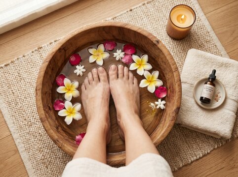 feet soaking in floral wooden foot bath for relaxation and spa therapy