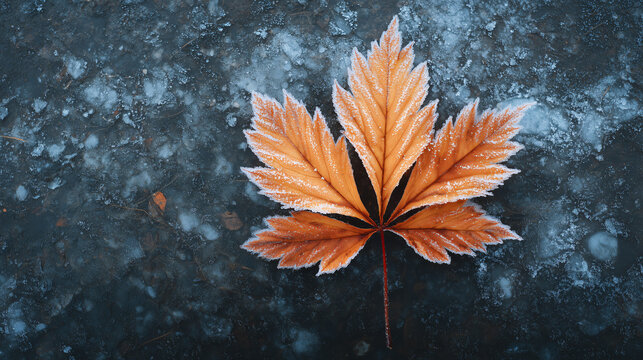 Frosted orange autumn leaf on a dark icy surface with delicate frost crystals