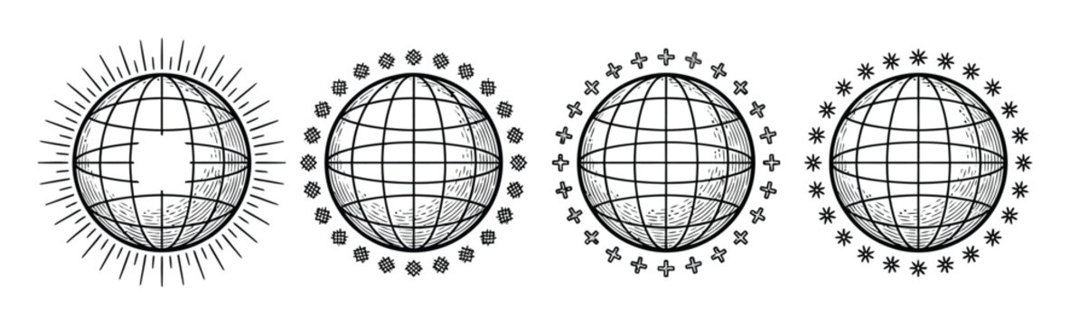 Set of stylized globes with decorative borders and radiating lines
