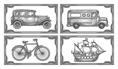 Vintage transportation: car, truck, bicycle, and sailing ship © Hintsync