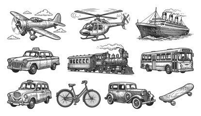 Vintage transportation collection: airplane, helicopter, ship, train, cars, bus, bike, skateboard © Hintsync
