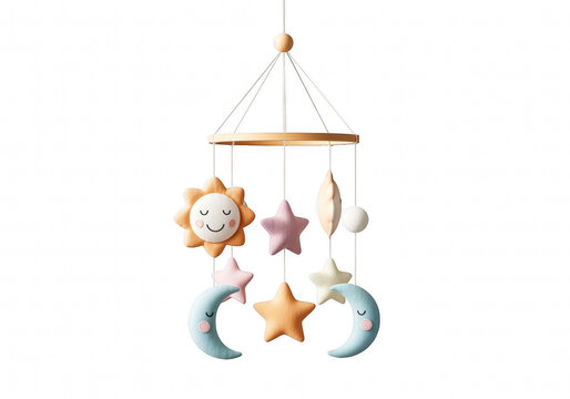 A charming baby mobile with plush toys in the shape of a smiling sun, stars, and moons in pastel colors isolated on transparent background
