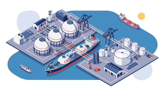Large scale industrial plant for liquefied natural gas storage and shipping featuring spherical tanks, port infrastructure, and tankers.