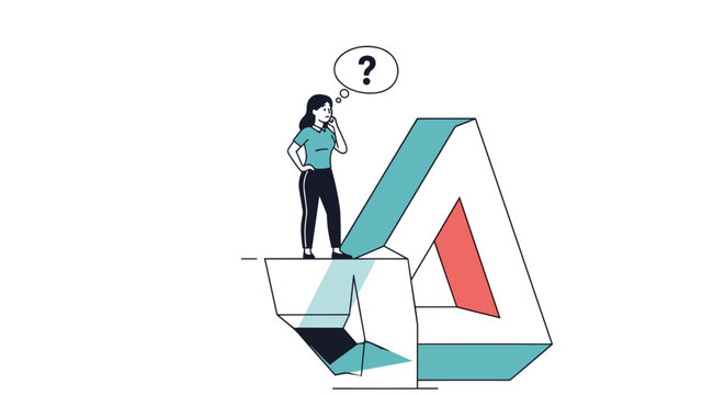 Woman standing on an impossible geometric shape expressing confusion and deep philosophical thought with a question mark.