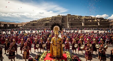 Fototapeta premium Large crowd attending cultural ceremony in open space with historical architecture