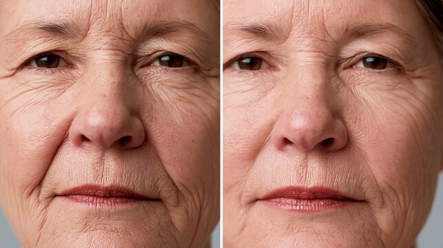 A nasolabial fold filler before and after split showing deep pronounced smile lines on the left and a smoothed refreshed lower face on the right.