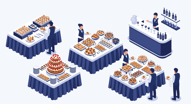 Elegant buffet catering scene with multiple tables filled with appetizers, main courses, desserts, and professional servers.