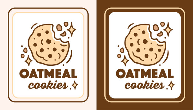 Oatmeal cookies label logo sticker for homemade bakery style oats cookie chocolate chip flavor mix packaging design. Healthy vegan soft baked snack drawing vintage brown aesthetic sign tag print.