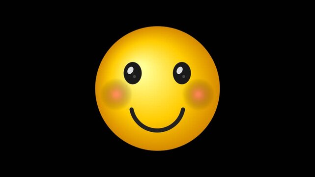 A bright yellow emoji face with blushing cheeks and a happy smile on black background