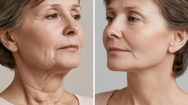 A neck lift before and after split showing sagging platysmal bands and jowls on the left and a taut smooth tightened neck on the right.