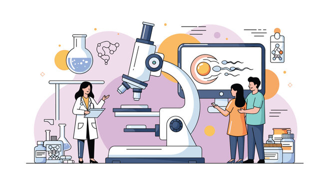 Professional fertility clinic laboratory with scientists using a large microscope to monitor the fertilization process.