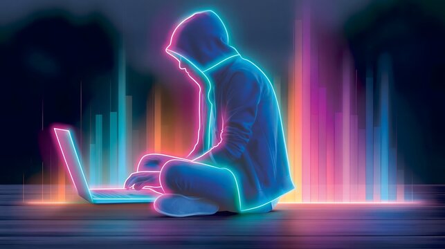 Neon outline figure at laptop computer surrounded by vibrant pink cyan and orange bar graphs on dark digital technology background.