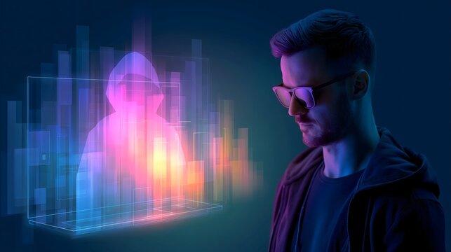 Man with sunglasses viewing glowing holographic avatar figure projection with pink magenta cyan neon colors on dark tech background.