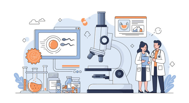 Professional laboratory research scene with two scientists in white coats discussing findings next to a large microscope.