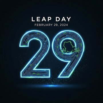 Leap day 29 february 2024 digit with circuit board pattern and frog