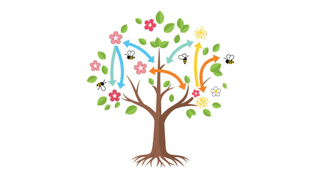 Educational vector diagram showing the bee pollination process on a green tree with pink flowers and colorful flow arrows.