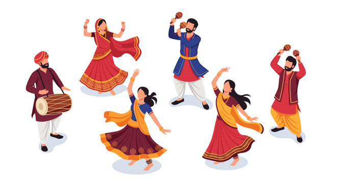Group of performers in vibrant traditional Indian clothing dancing and playing folk instruments like the dhol drum for a cultural festival.
