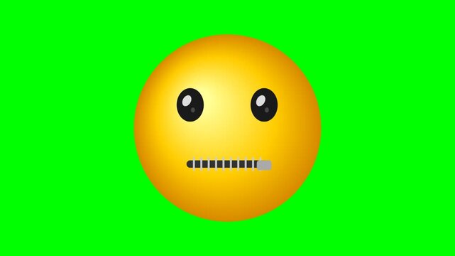 A yellow emoji face with a zipper mouth icon isolated on a bright green background.