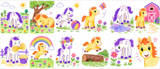 Fototapeta premium Cute cartoon horses in various playful and peaceful farm scenes with colorful drawings