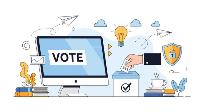 Digital voting concept featuring a computer monitor with the word vote and a hand placing a paper ballot into a secure white voting box.